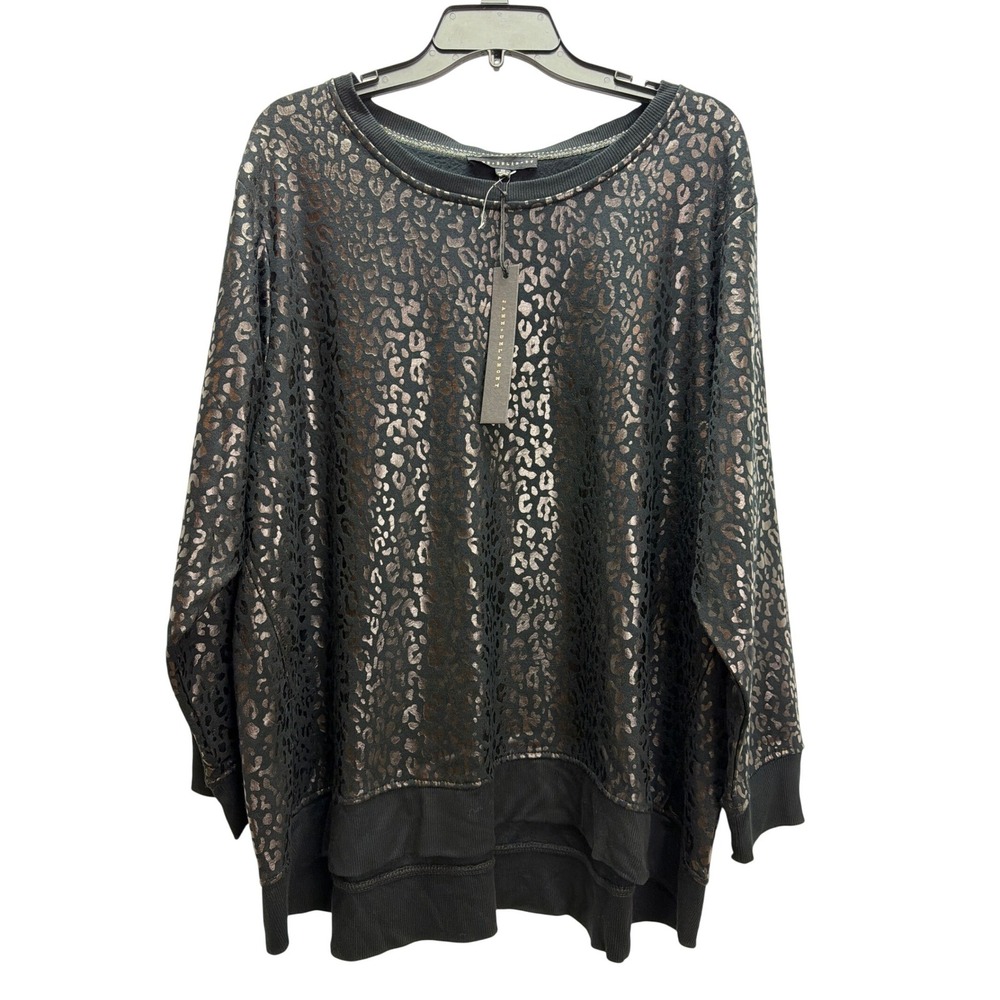 Jane+Delancey Black Shimmer Metallic Leopard Print High-Low Top 2X Sparkle Soft